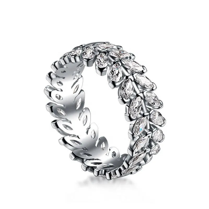 Silver closed ring for women with inlaid zircon stone, leaf shape and wheat detail in white gold colour, sizes 6 to 9