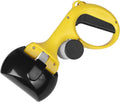 Black pet pooper scooper with integrated trash bag holder, heavy-duty ABS plastic, measures 24cm