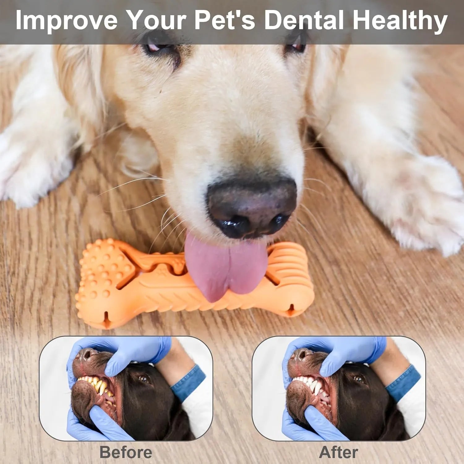 Blue bone-shaped dog chew toy made from natural rubber, showing uneven surface for teeth cleaning.