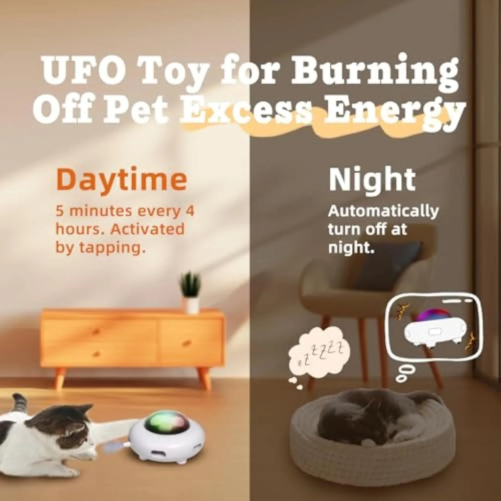 White interactive cat toy with colourful feathers and LED lights for indoor feline play