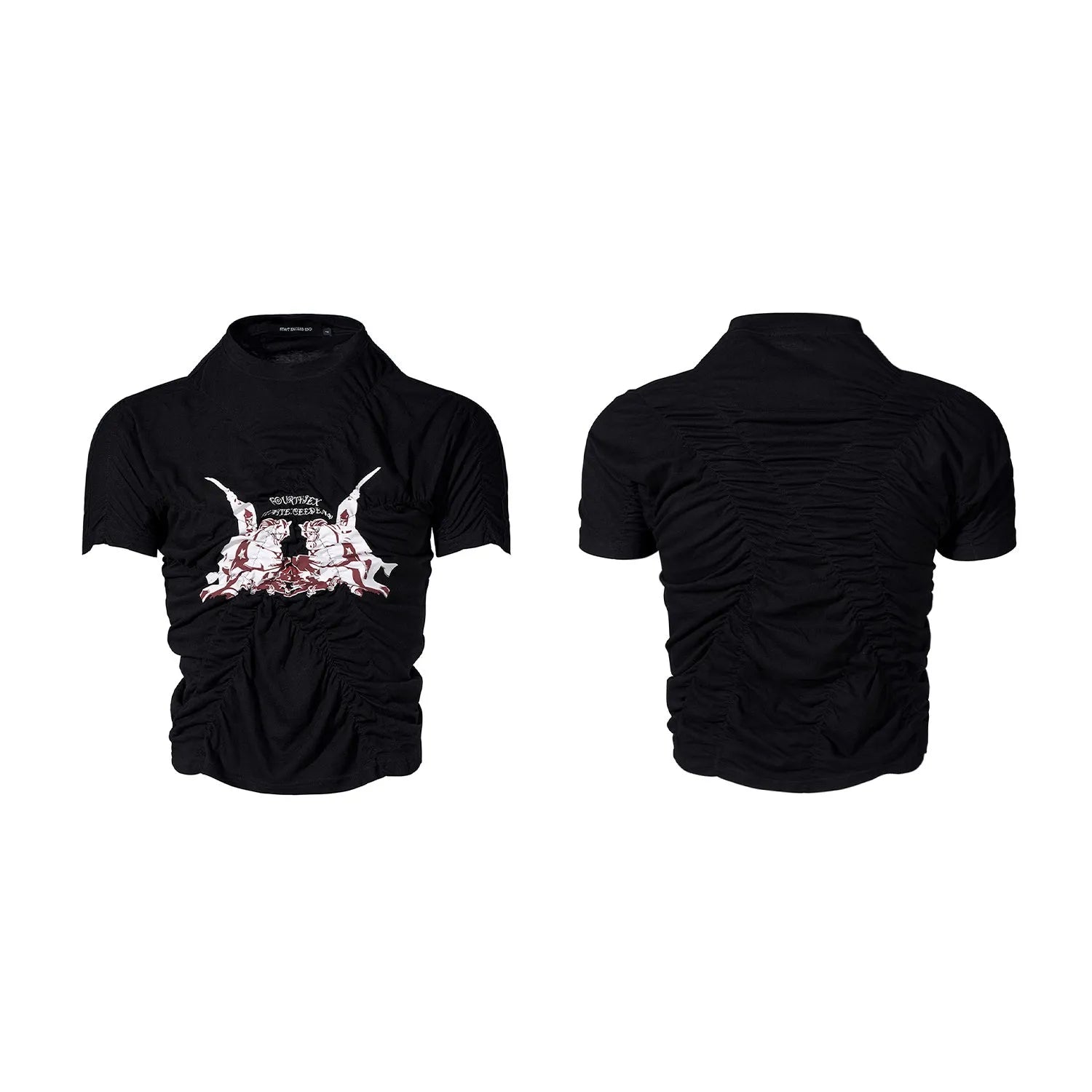 Men's black summer t-shirt with printed pleating detail and slim fit design