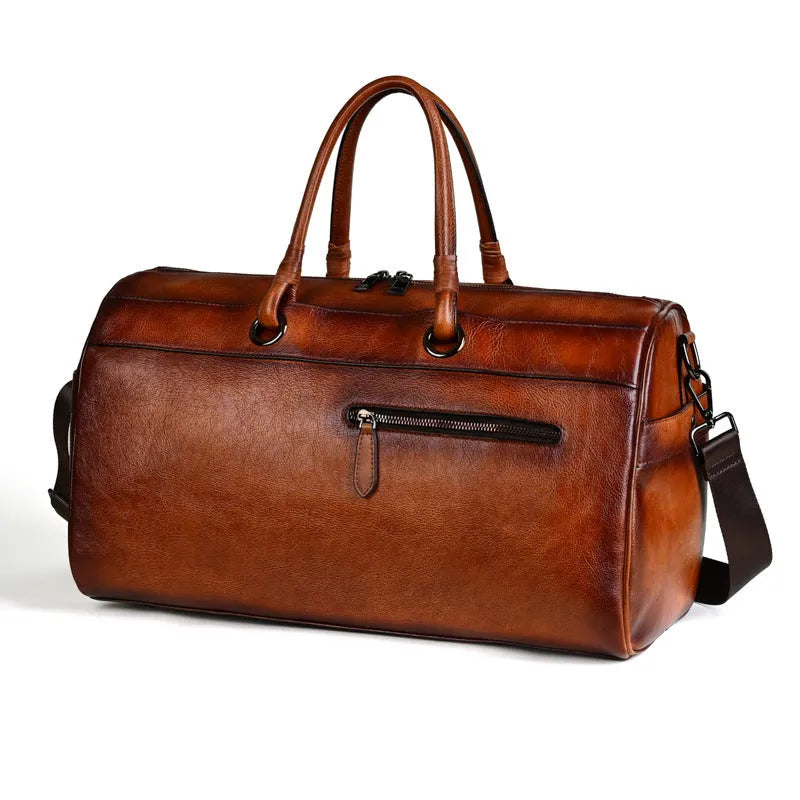 Brown retro style leather handbag made from first layer cowhide with large capacity.