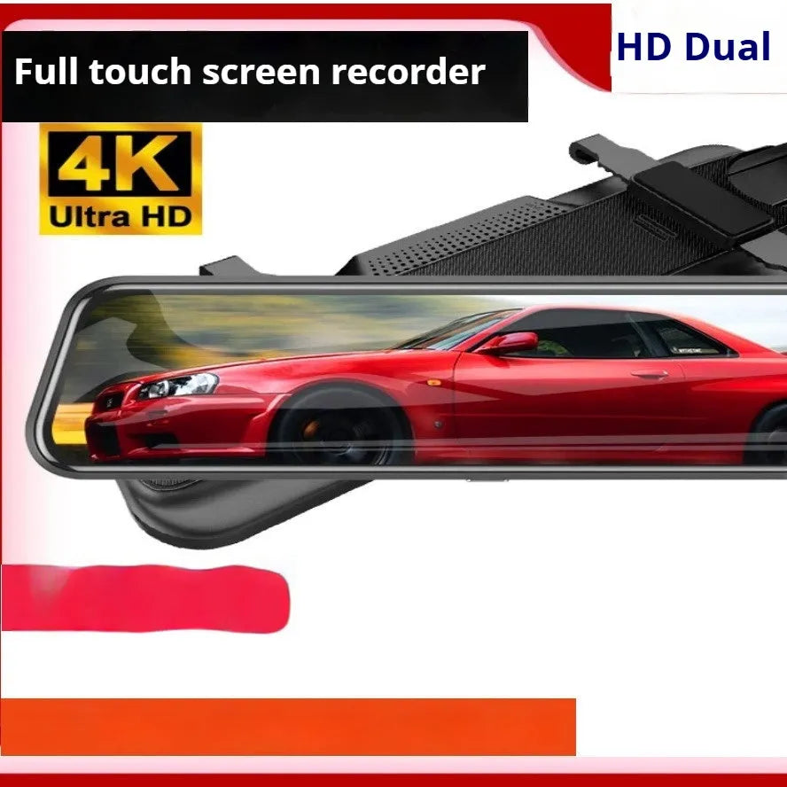 HD 1080p dual lens rearview mirror recorder with 9.66 inch touch screen displaying front and rear video.