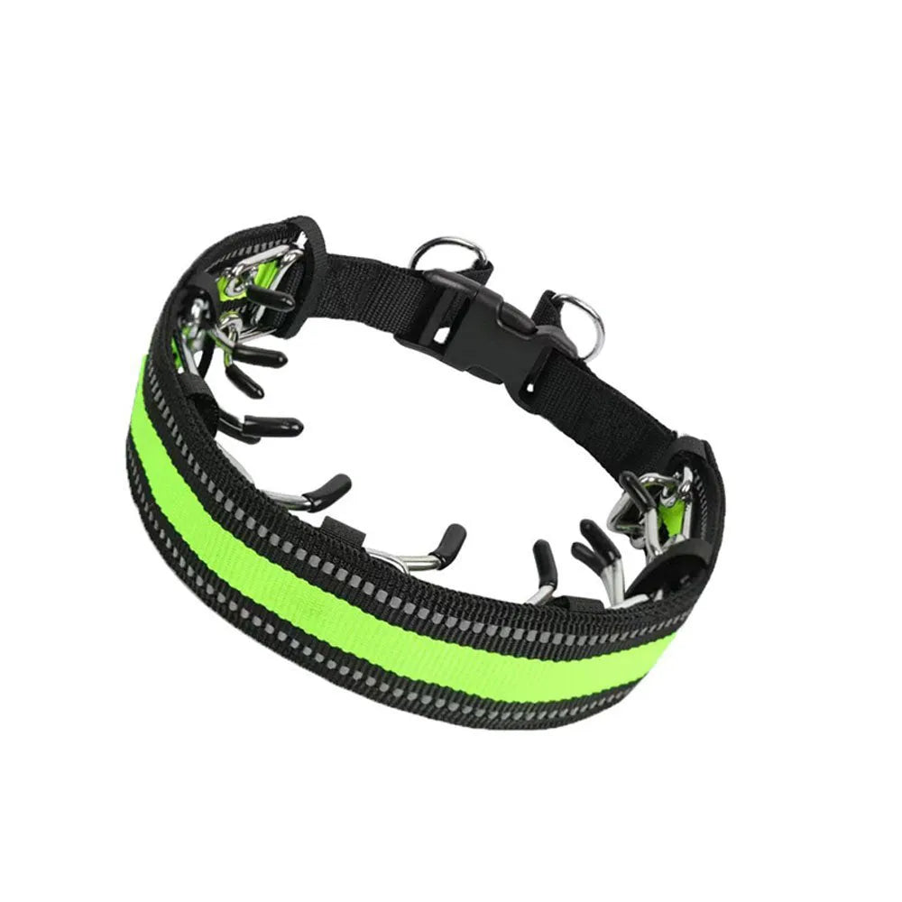 Dog training stimulation chain collar with spiked design in black, reflective blue, and reflective green colour options