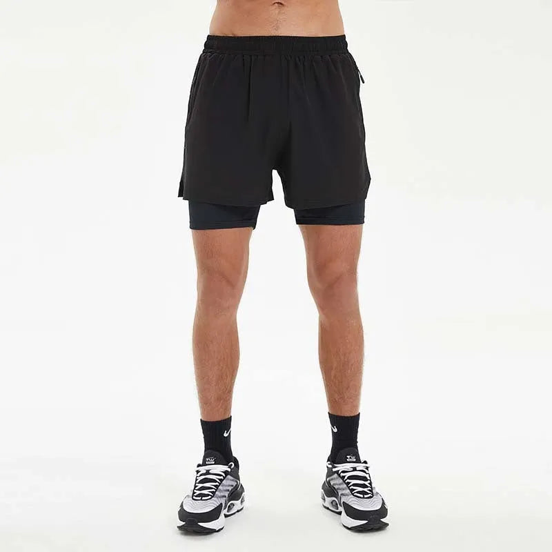 Men's black double-layer sports shorts with elastic waistband for running and fitness training.