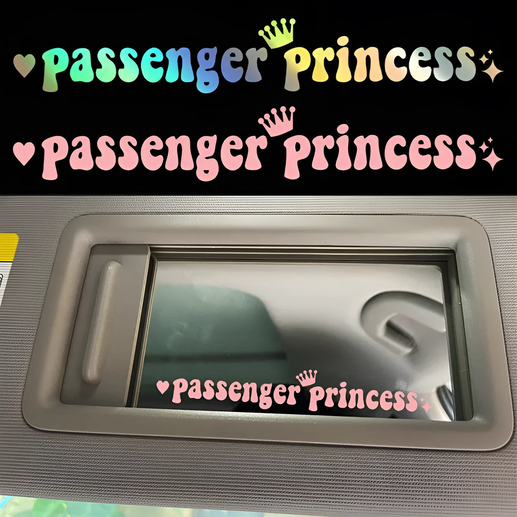 Passenger Princess text car sticker for rearview mirror in black, white, pink, or laser colour.