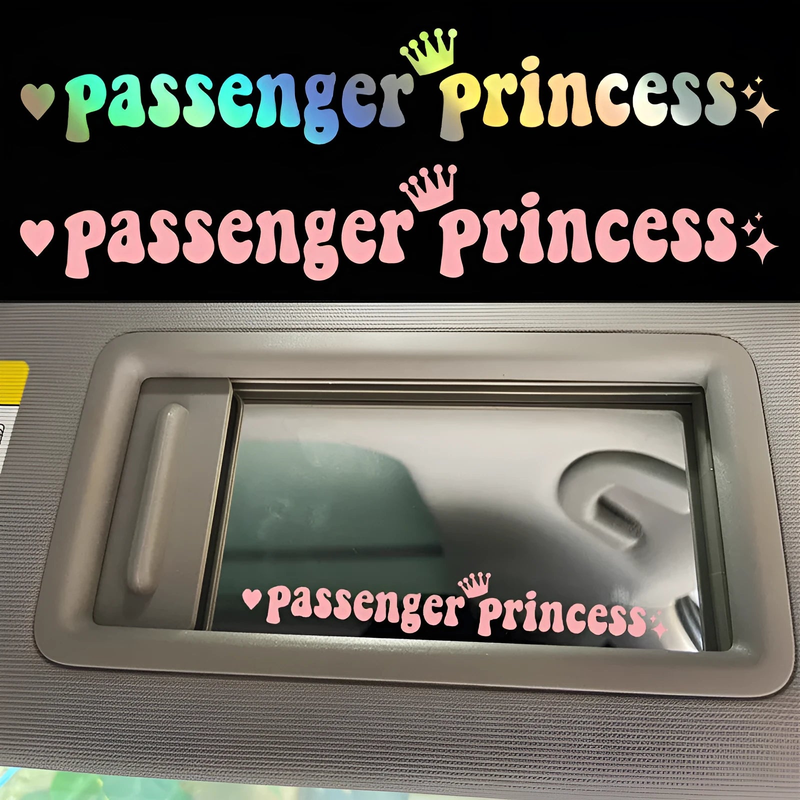 Passenger Princess text car sticker for rearview mirror in black, white, pink, or laser colour.
