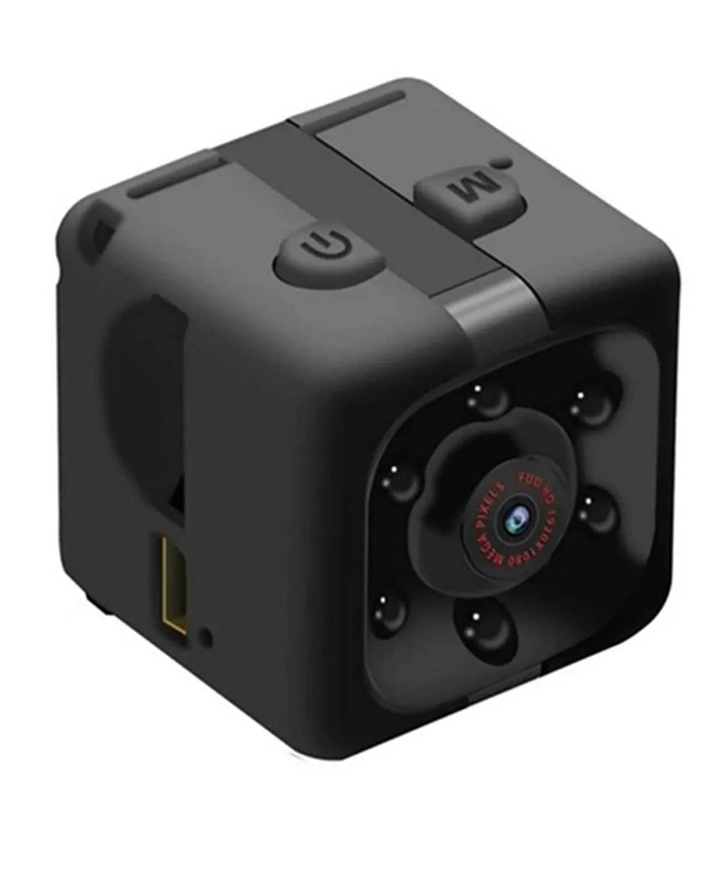 Black mini dashcam with USB cable showing 1080P and infrared night vision specifications
