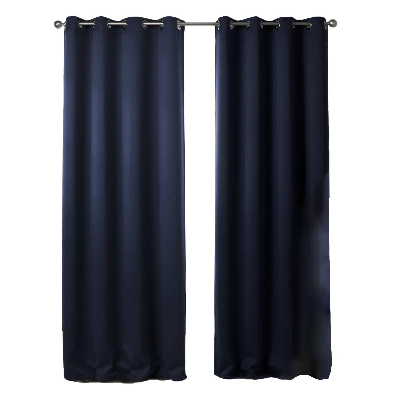 Navy blue blackout curtains with shading cloth fabric in vertical design, showing printed surface and perforated top for hanging