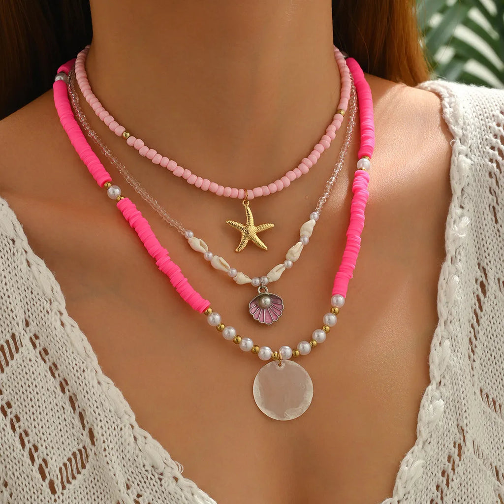 Polymer clay beaded necklace for women with multi-layer shell, twin clavicle chain, and geometric alloy pendant, 41-50cm.