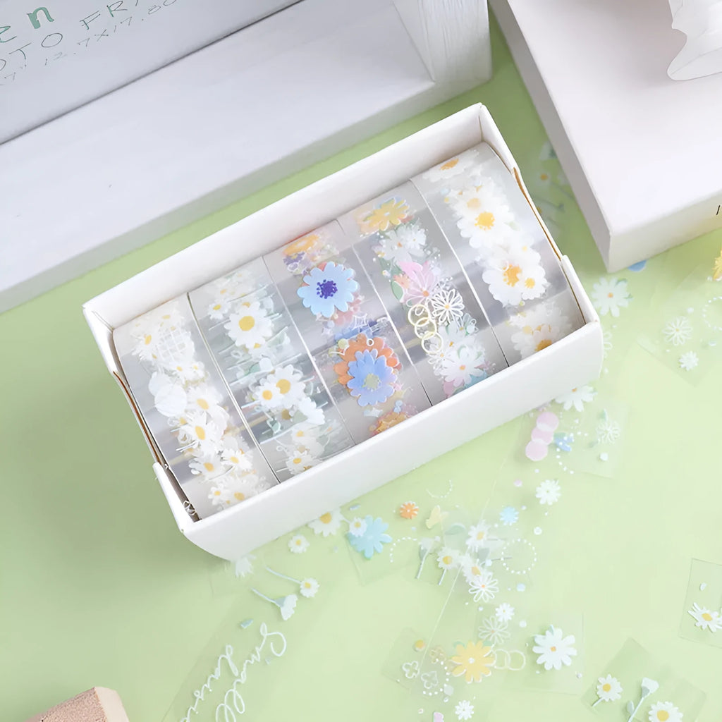 Five rolls of transparent adhesive tape with Midsummer Daisy decorative edge on clear PET polyester base