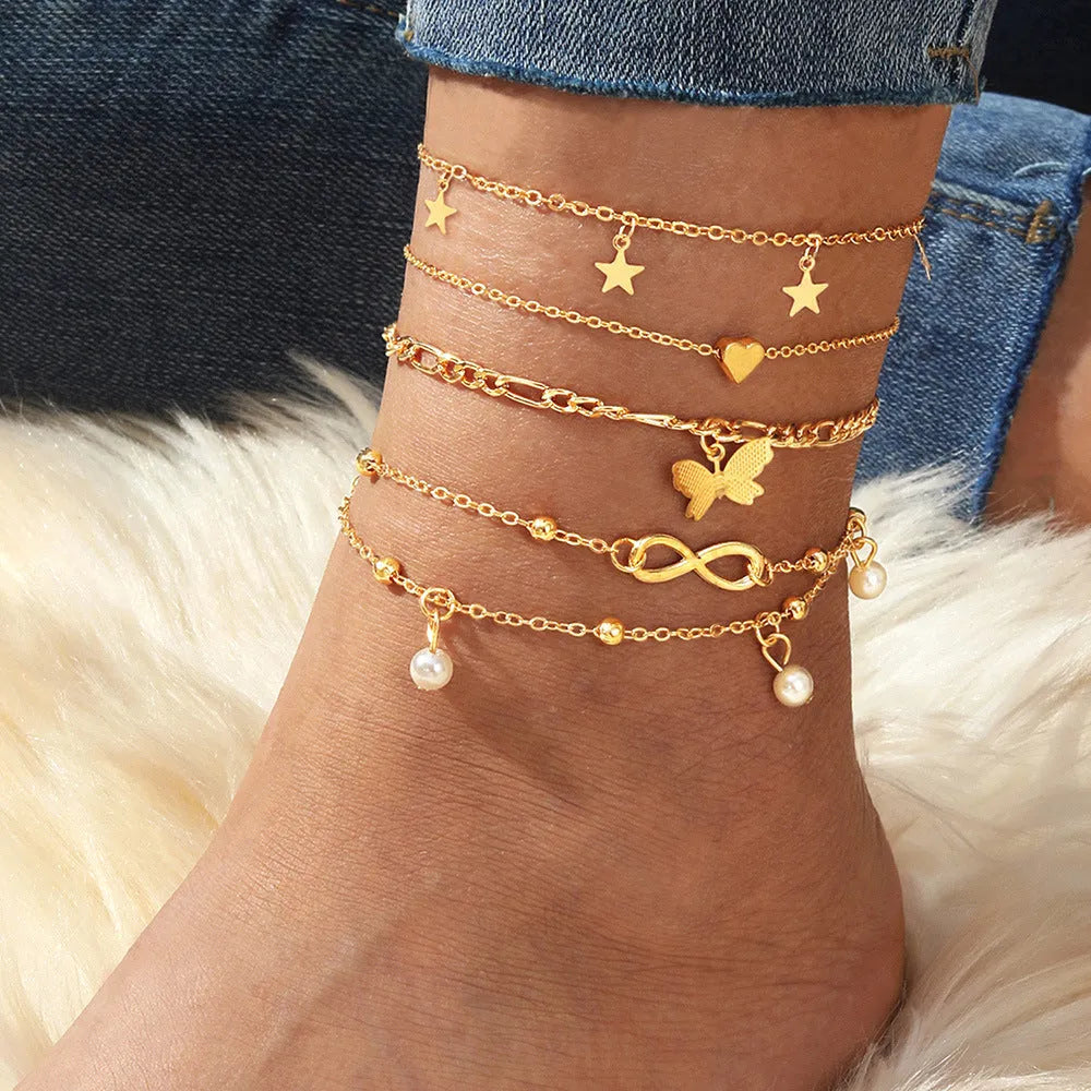 Butterfly pearl heart anklet 4-piece set for women in simple alloy design