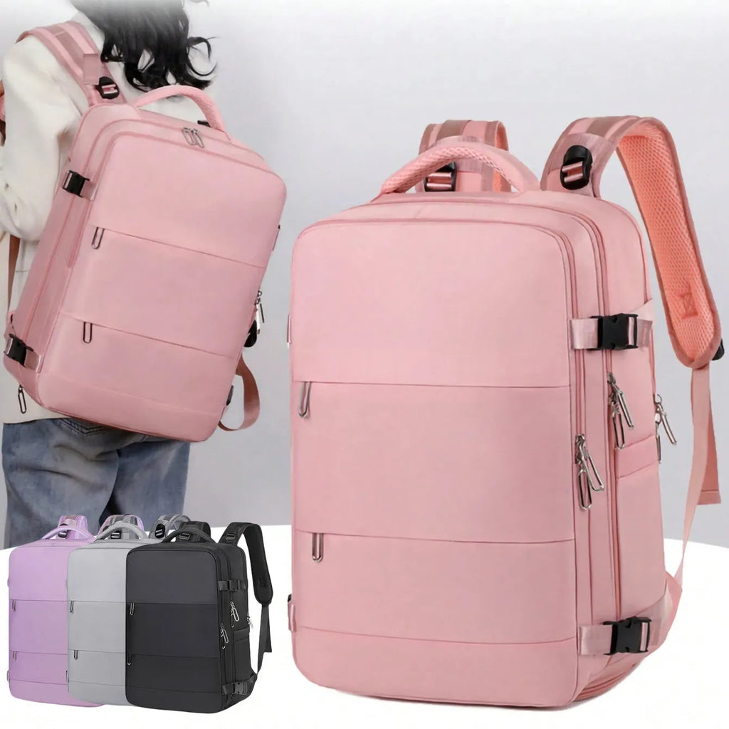 Large travel backpack with multiple compartments in purple, grey, black, or pink colours showing organisational pockets