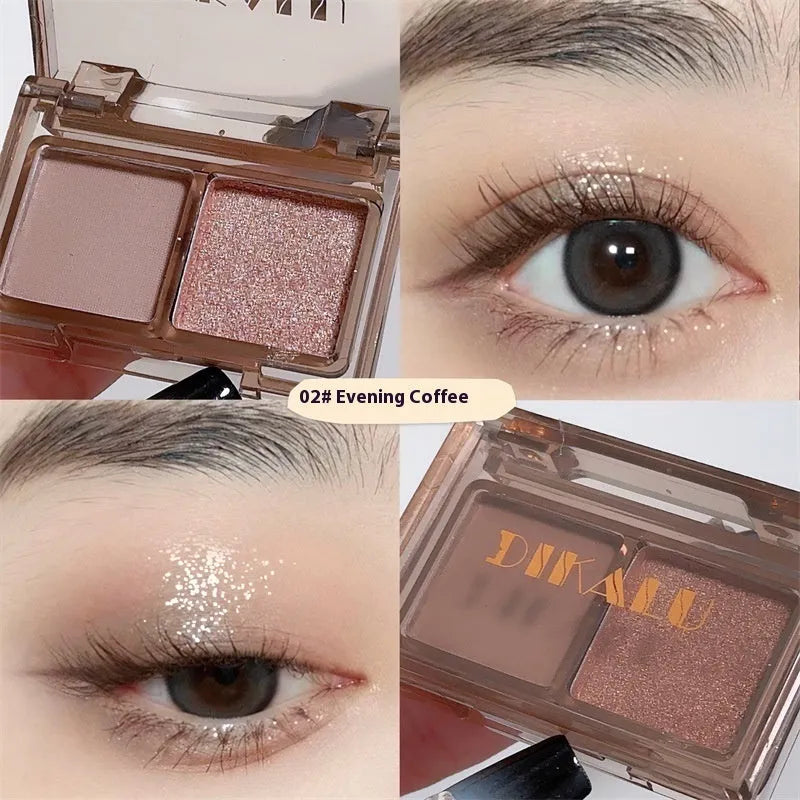 DIKALU two-tone eye shadow plate showing pink and black matte shimmer shades with five colour classification options
