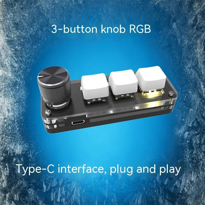 Black custom mechanical keypad with RGB backlight showing copy and paste keys, measuring 15cm wide