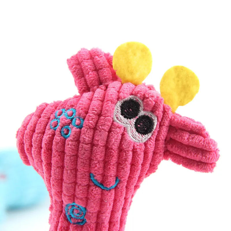 Blue deer-shaped plush dog toy with corn grain texture, measuring 20 cm long with integrated sound module