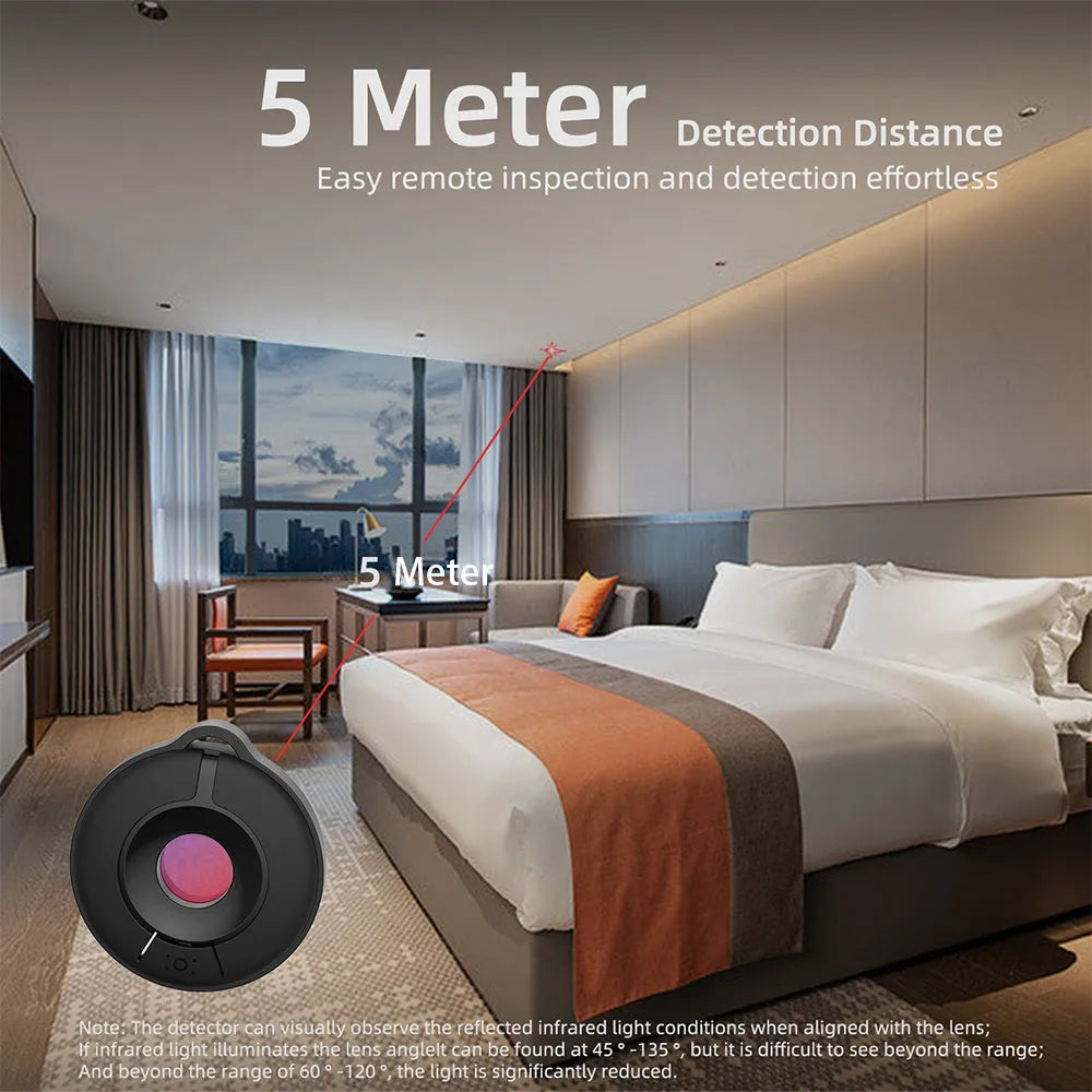 Compact camera detector with infrared optical lens for 5-metre detection of hidden cameras in darkness