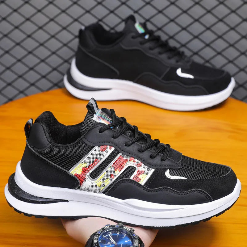 Men's white green mesh sports casual shoes with a leather toe holder on a plain background.