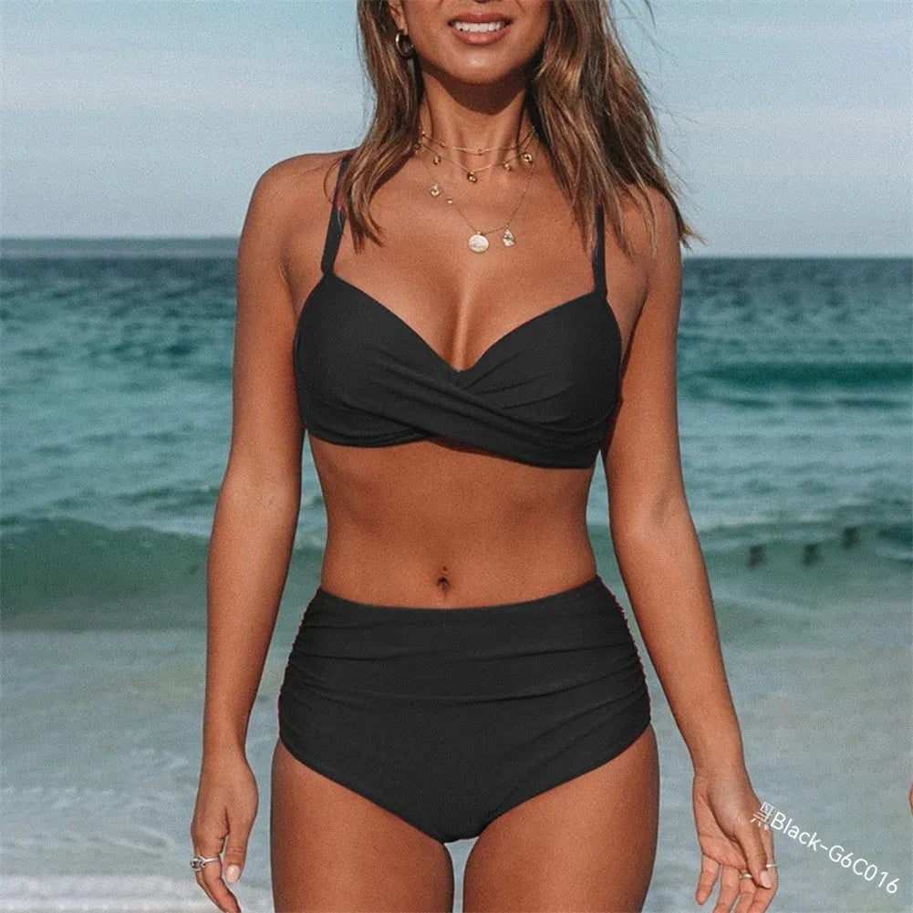 Women's solid colour cross-strap bikini swimsuit in nylon and cotton.