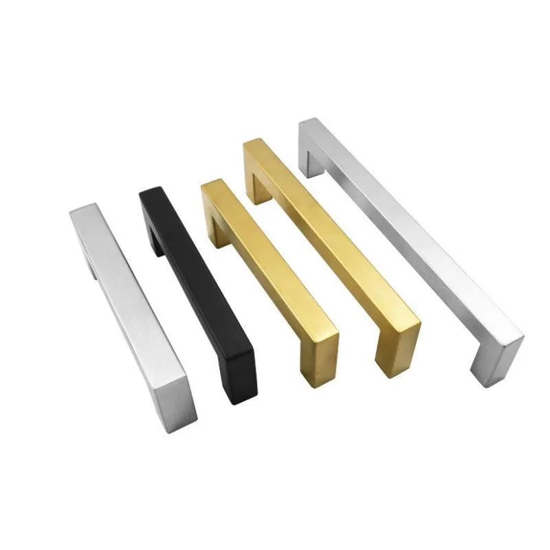 Stainless steel square pipe cabinet door handle in brushed silver finish, shown alongside black and gold colour options.