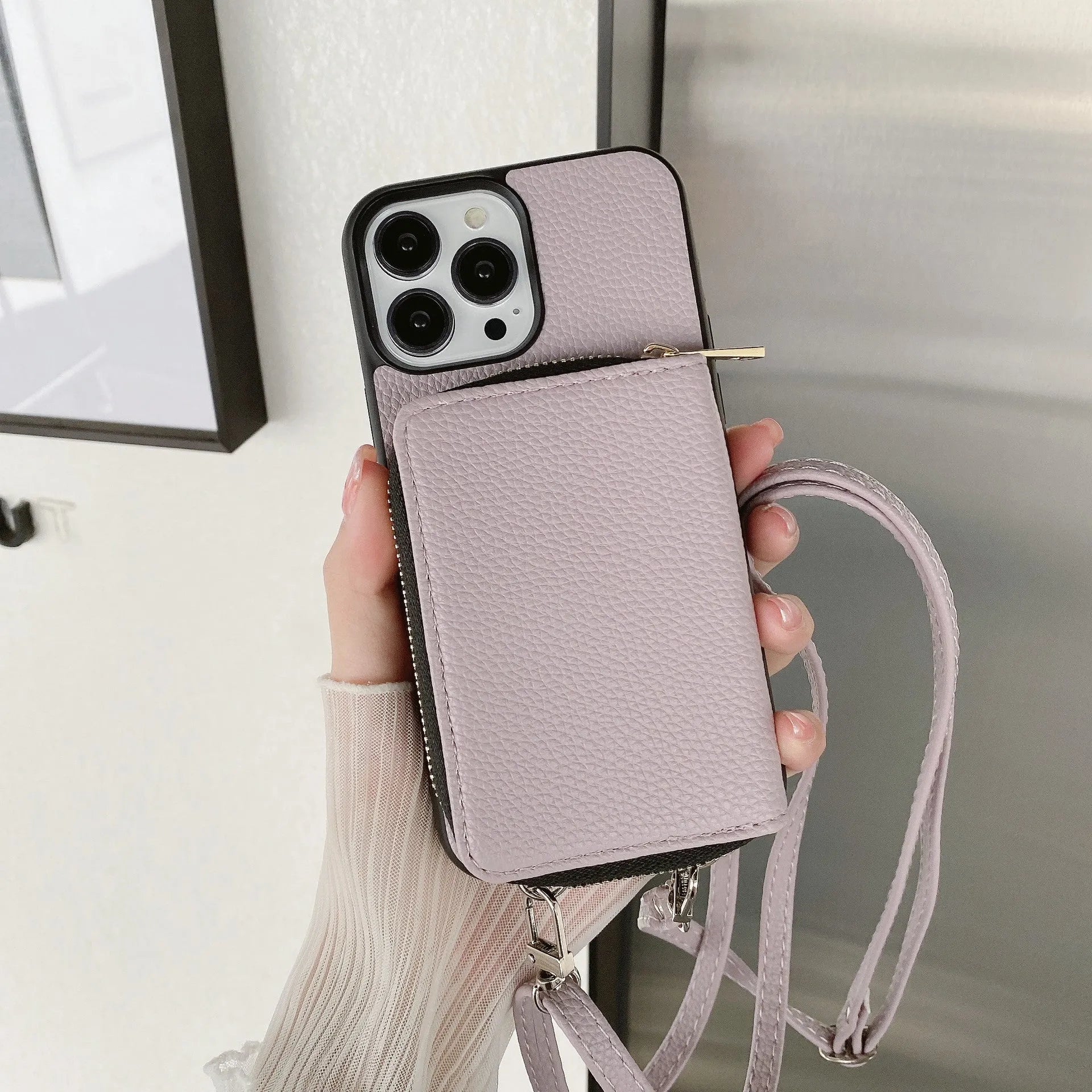 Litchi patterned iPhone protective case in PC and leather showing colour options.