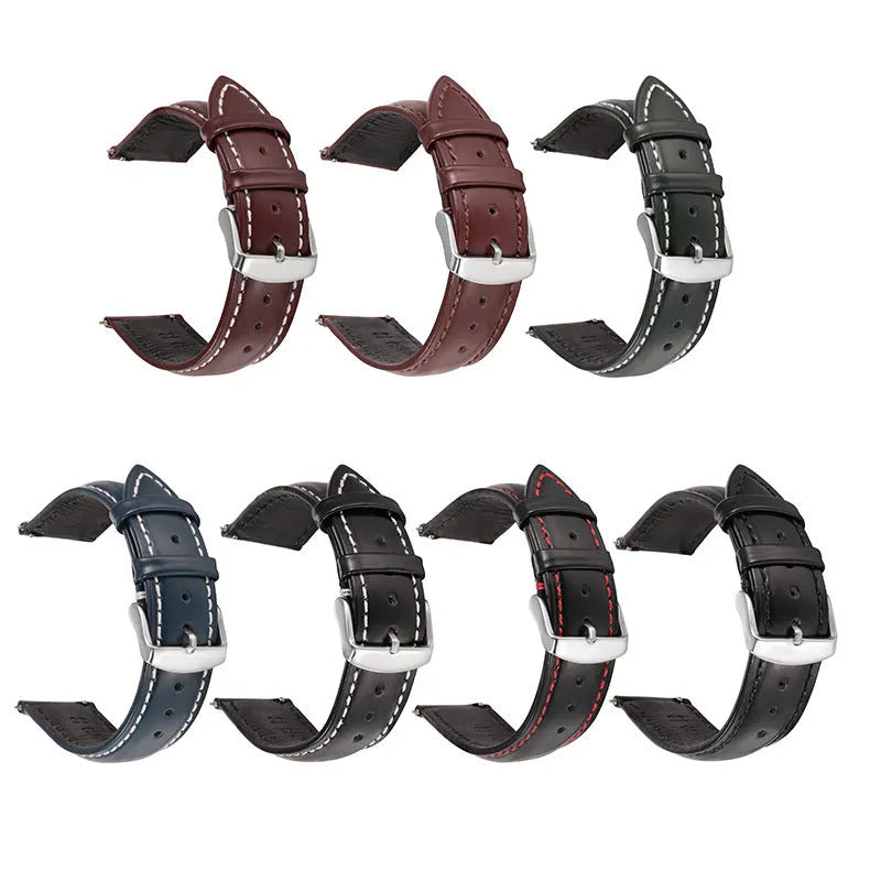 Quick release leather watch strap in bright cowhide with width options from 18mm to 22mm and multiple colour variations