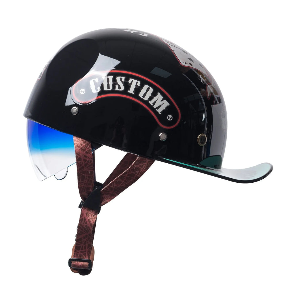 Retro half-shell electric bicycle helmet in bright black gradient blue colour with ABS construction