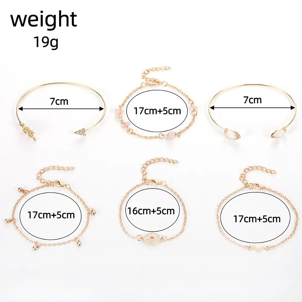 Women's six-piece gold colour zinc alloy bracelet set with arrow and water drop shaped charms