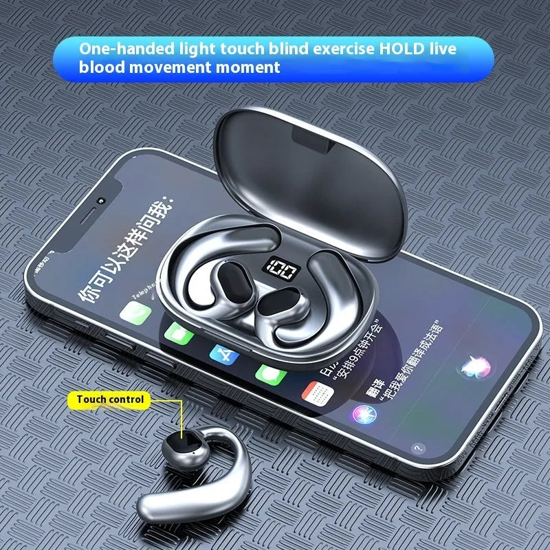 Black ear-mounted Bluetooth headset showing digital display screen and breathing light, worn on outer ear
