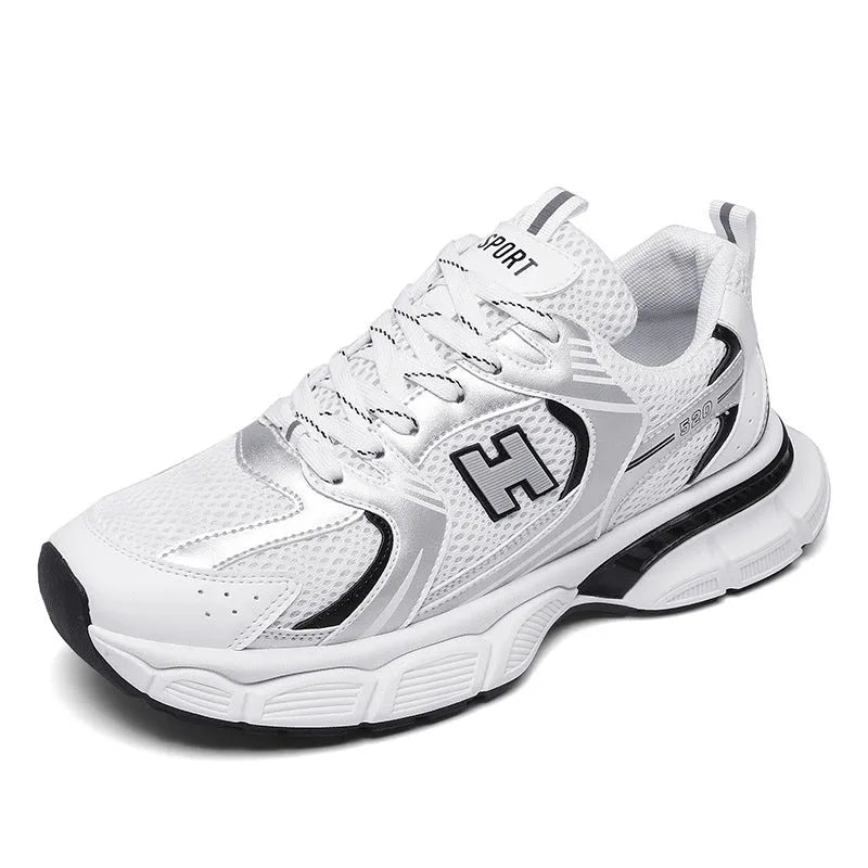 Men's mesh running shoes with plastic soles in three colour options showing round toe design