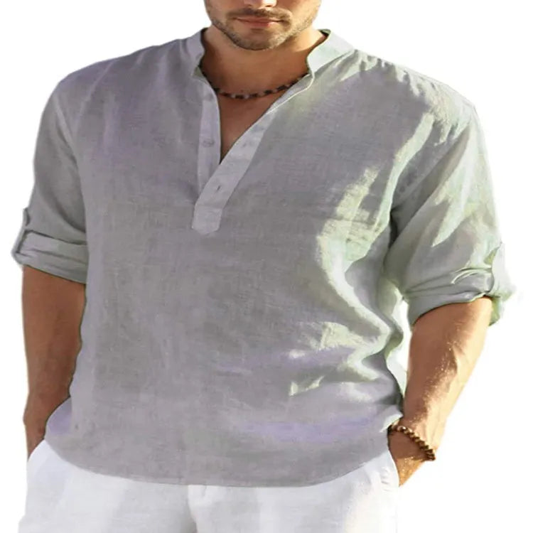 Men's cotton linen long sleeve shirt in solid colour with stand collar and roll-up sleeves