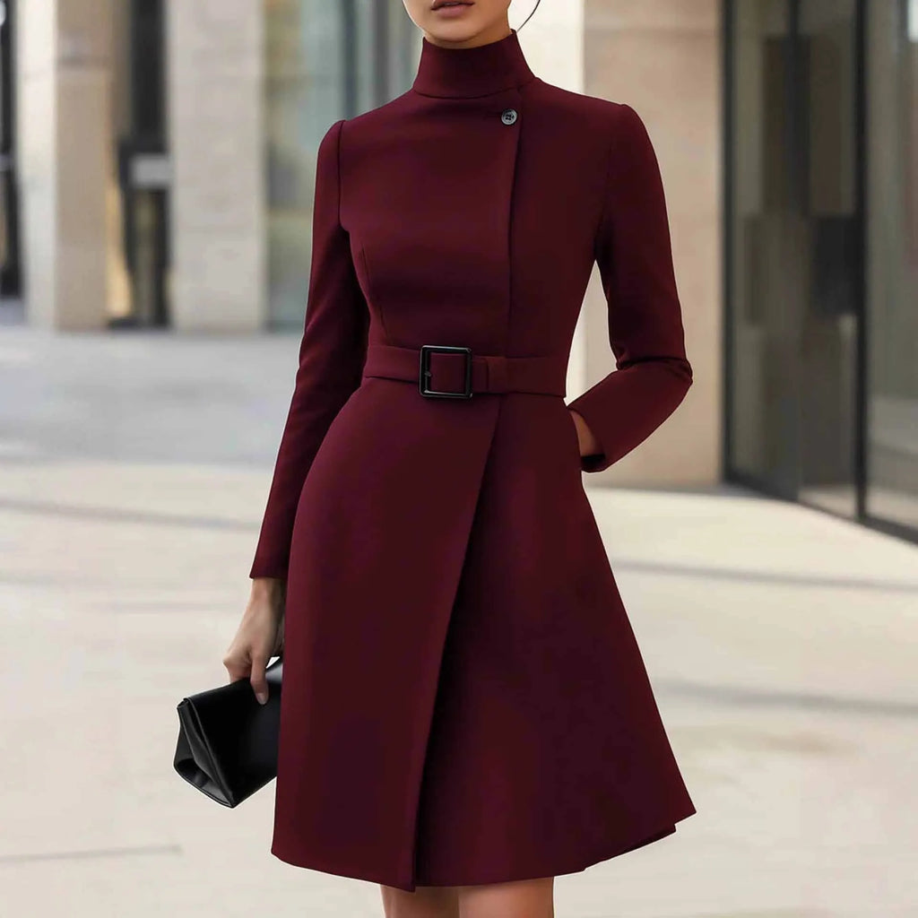 Women's long sleeve bohemian style dress with stand collar and high waist in polyester fabric