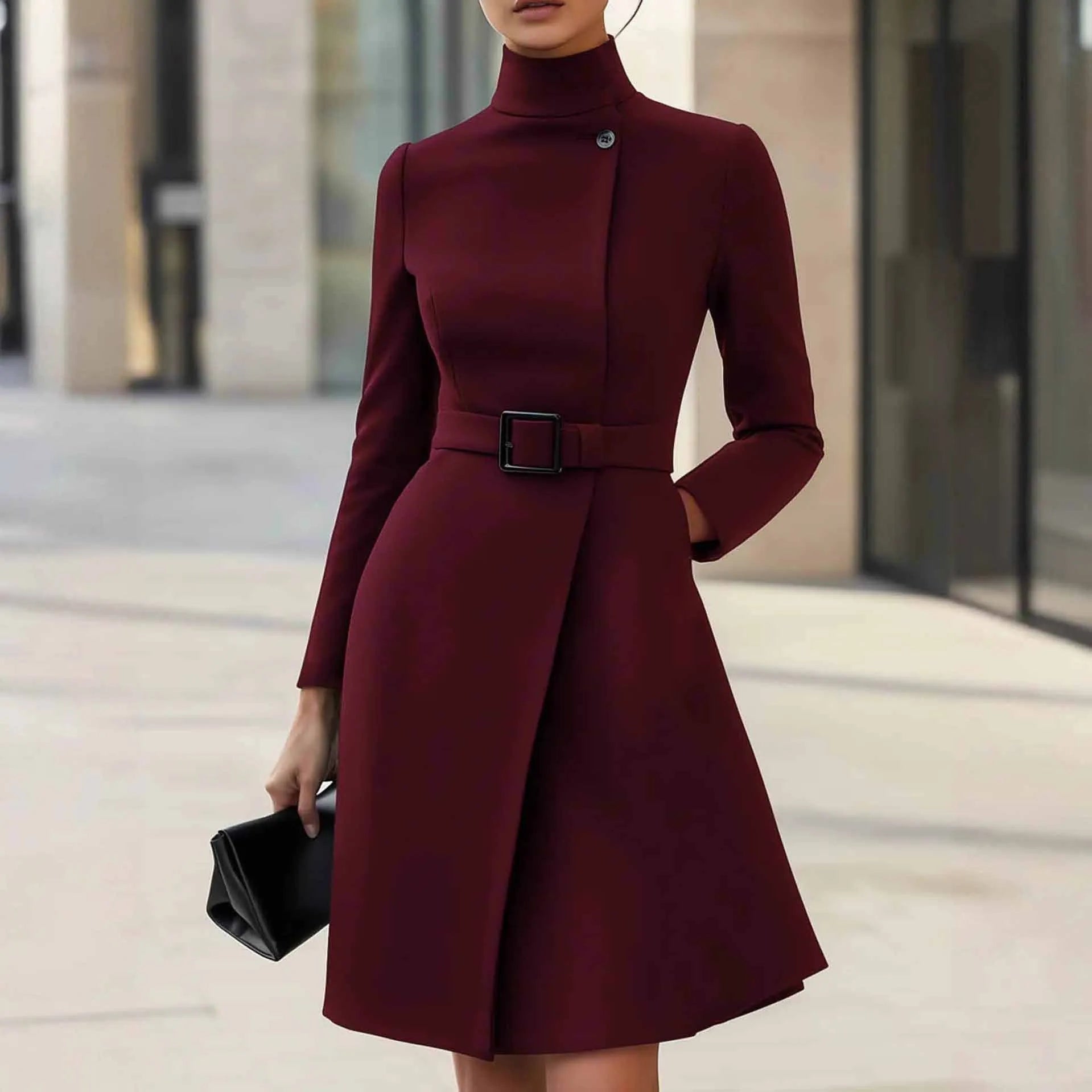 Women's long sleeve bohemian style dress with stand collar and high waist in polyester fabric