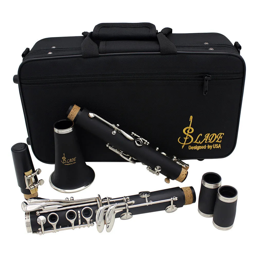 Black Bakelite clarinet with 17 nickel-plated keys, 67cm long, for beginner music practice