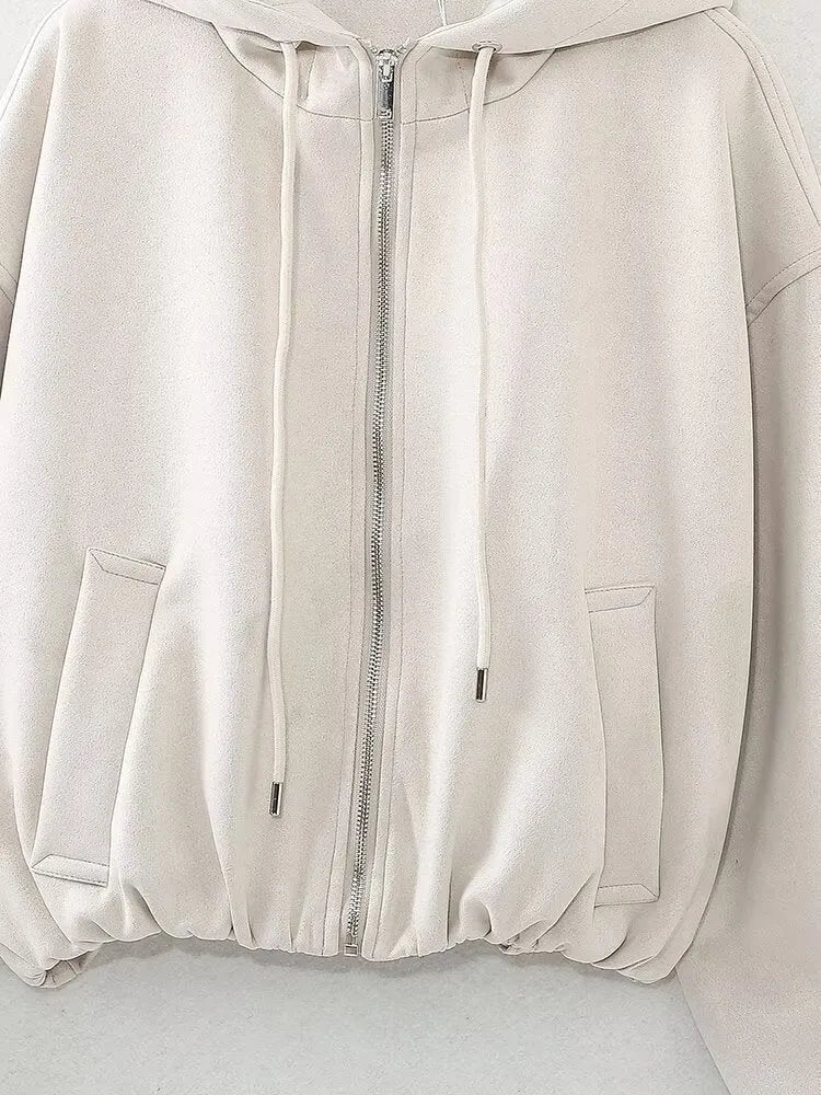 Women's black suede hooded jacket casual outerwear shown front view