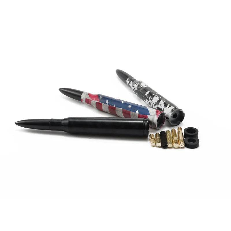 Universal 14cm car bullet antenna shown in black, camouflage green, and American flag designs.