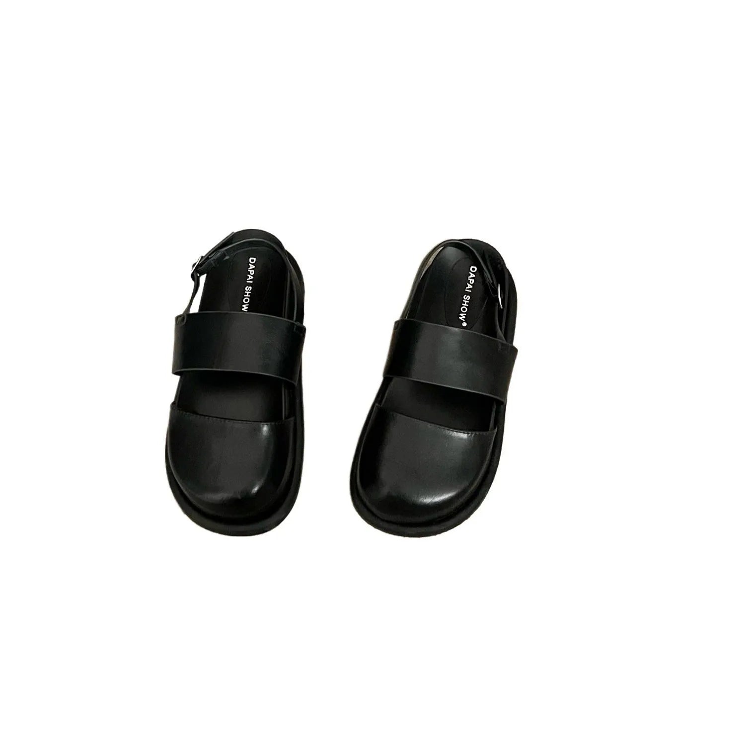 Retro raised sole sandals with ankle-strap buckle in black microfiber