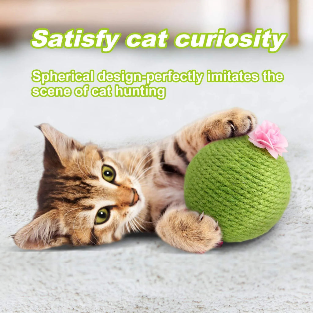 Green tumbler cactus cat scratcher with natural sisal surfaces and integrated ball toy