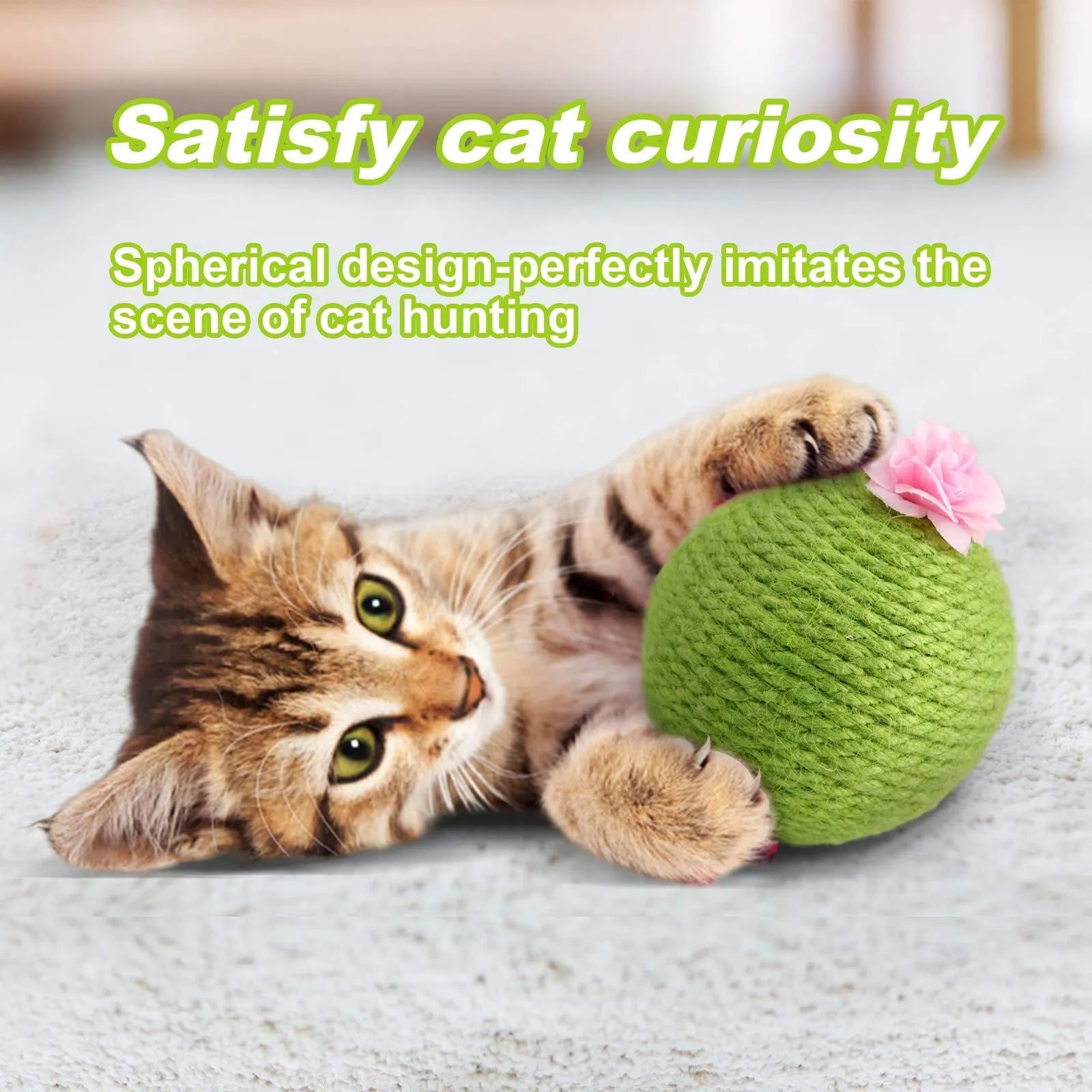 Green tumbler cactus cat scratcher with natural sisal surfaces and integrated ball toy
