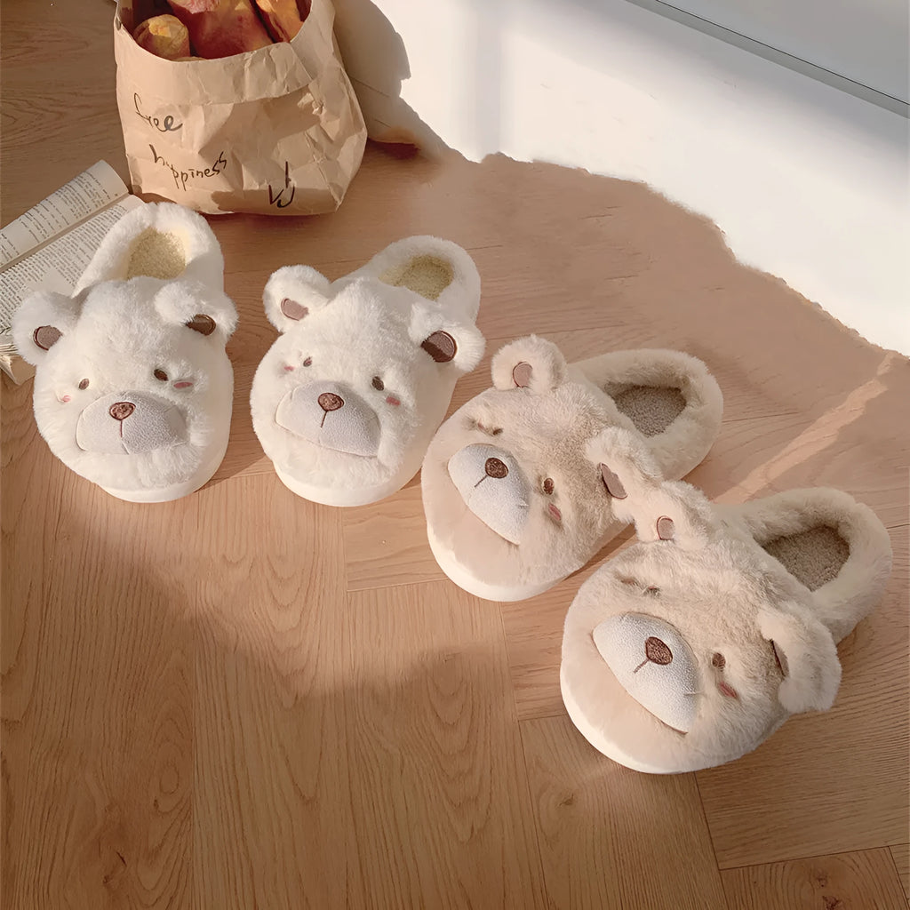 Women's cartoon pattern baotou plush sliders in khaki, available in UK sizes 36-41.