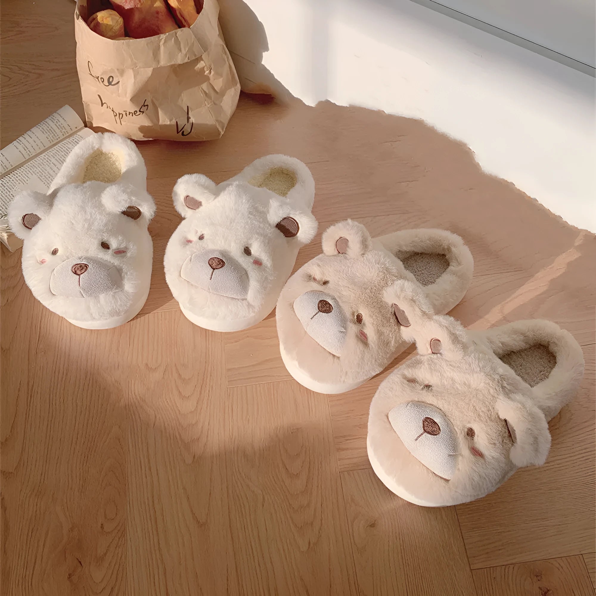 Women's cartoon pattern baotou plush sliders in khaki, available in UK sizes 36-41.