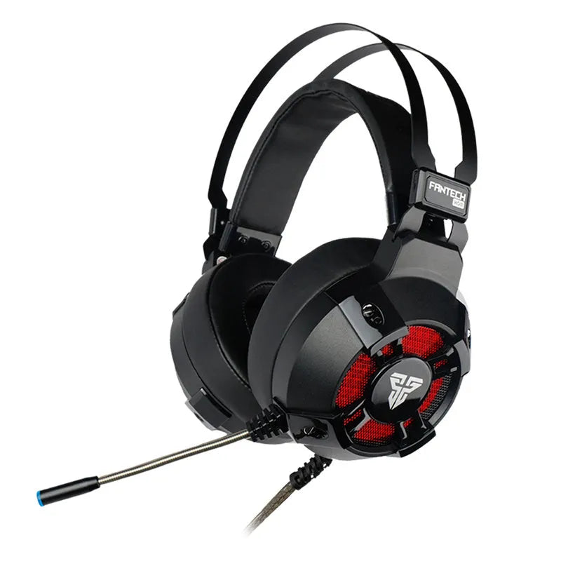 FANTECH HG11 black gaming headset with RGB lights, 50mm drivers, and USB plug