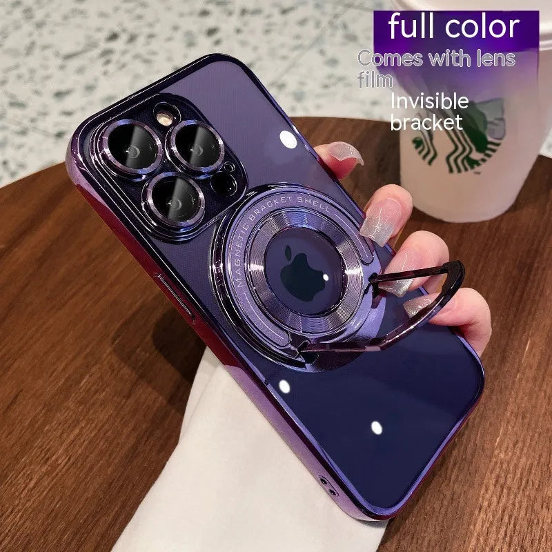 Transparent magnetic iPhone case with a silver electroplated frame and a pulled-out kickstand.