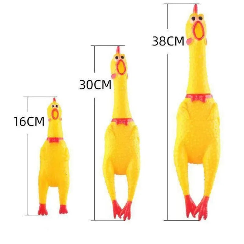Yellow rubber squeaking chicken dog toy shown in small, medium, and large sizes.