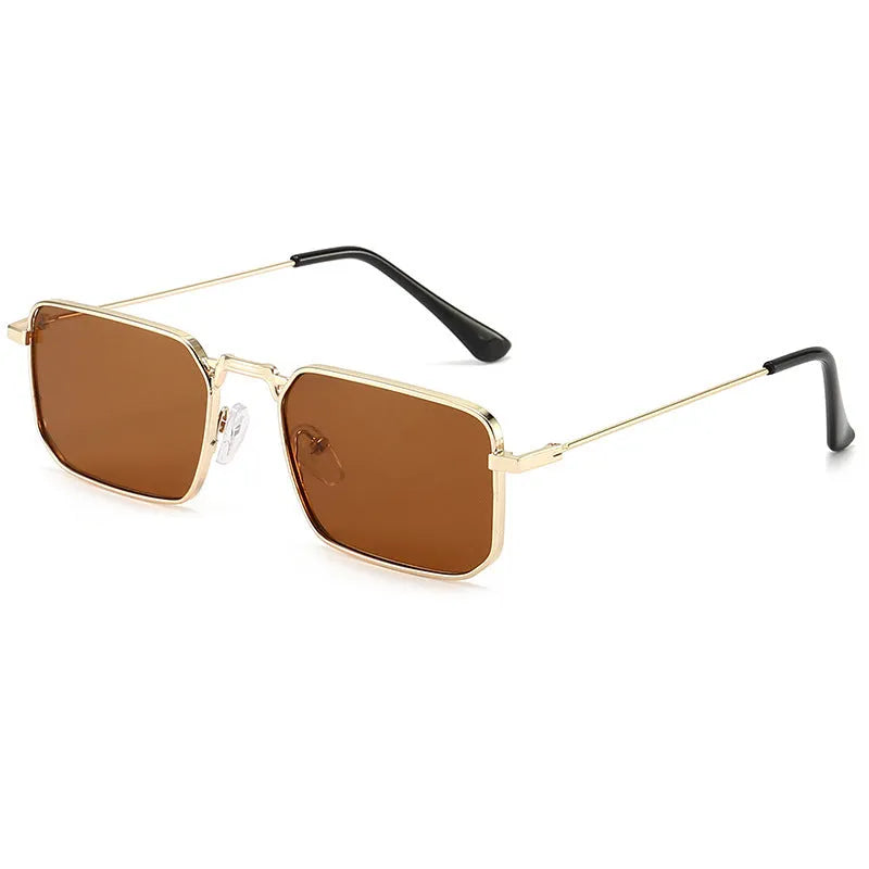 Men's square steampunk sunglasses showing gold frame with grey lenses and black frame option.