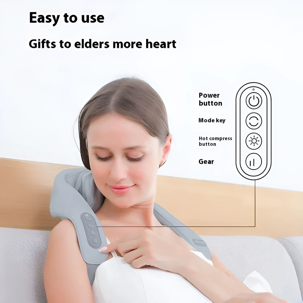 Grey elastic fabric USB neck and back massager with two gear settings and infrared function.