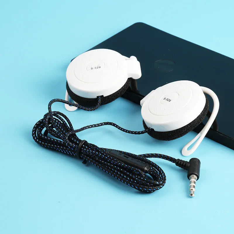 Hanging earhook wired earphones with extra low bass, 3.5mm curved plug, 1.2m woven cable, 40mm driver, five colours