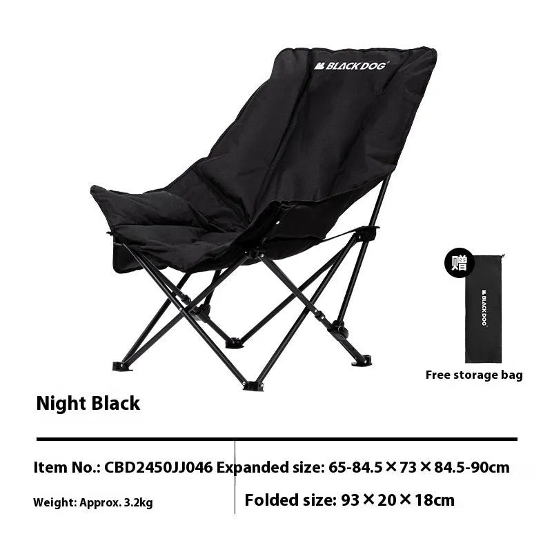Black folding camping recliner with Oxford cloth seat, shown in outdoor setting