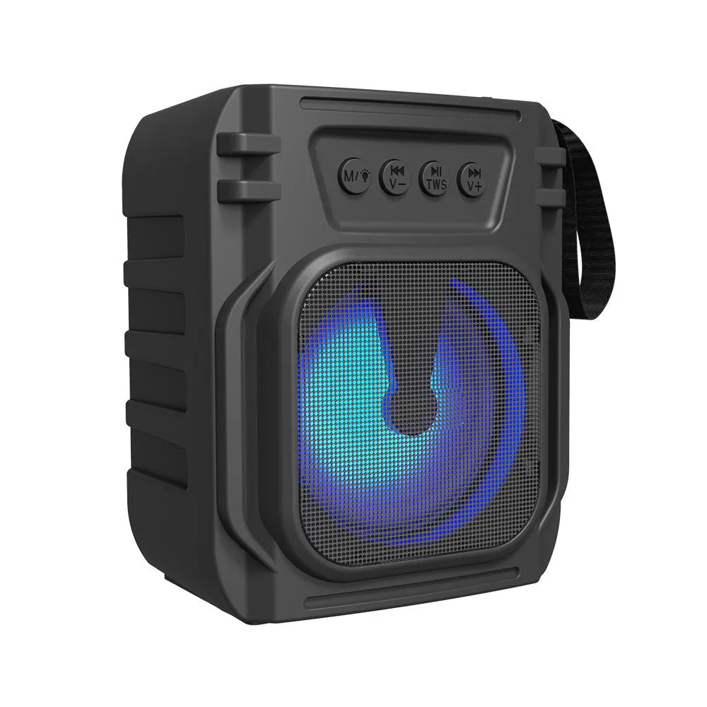 Portable Bluetooth speaker with USB charging cable, compact 110x87x137mm design for desktop and outdoor audio