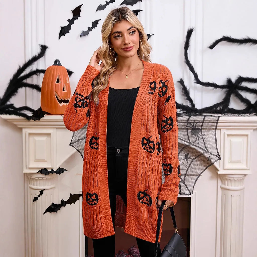 Women's black cardigan with orange pumpkin head jacquard pattern, regular sleeves, medium 65cm length